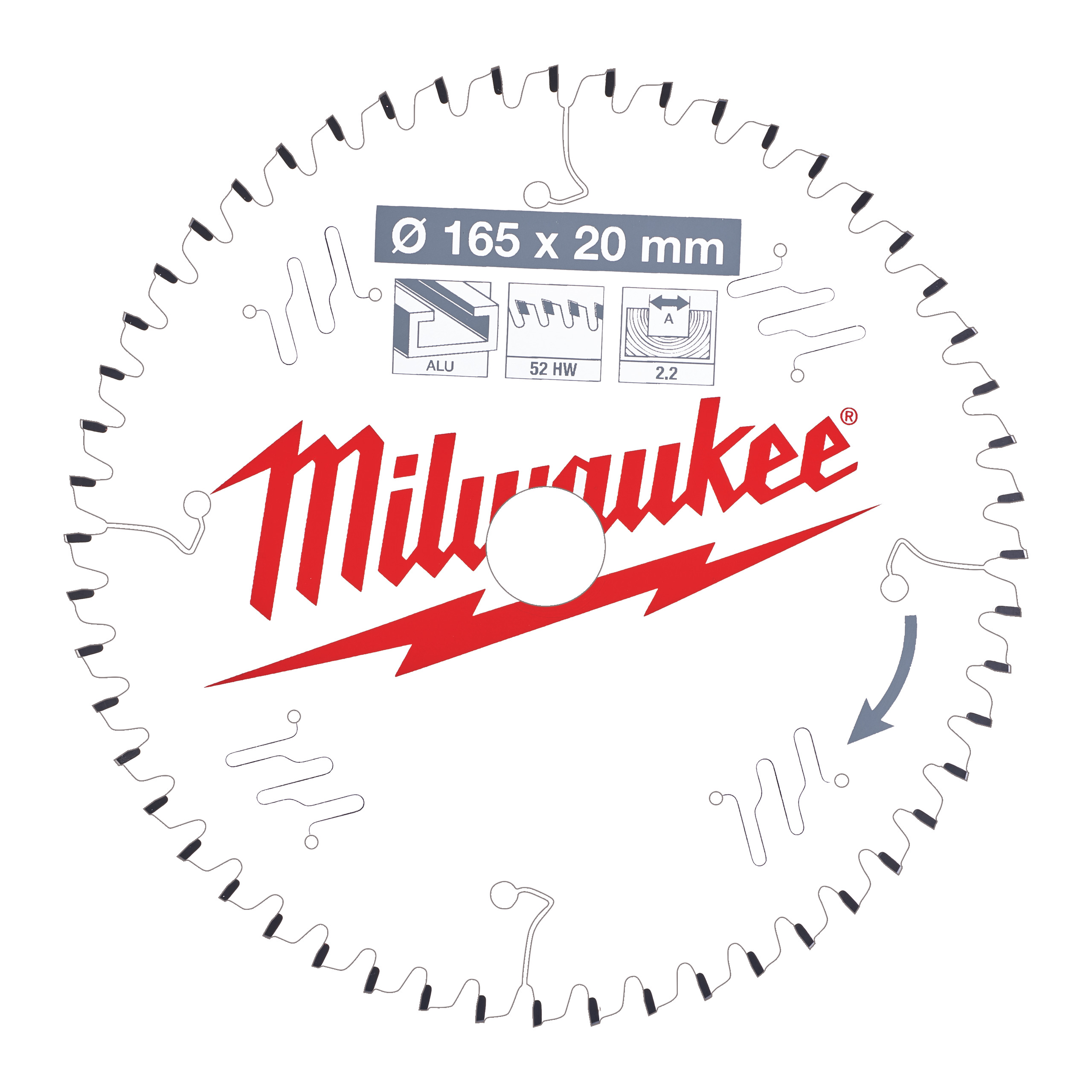 Milwaukee Zubehör 4932471296 Kreissägeblatt P Alu165x20x2,2x52TF neg.