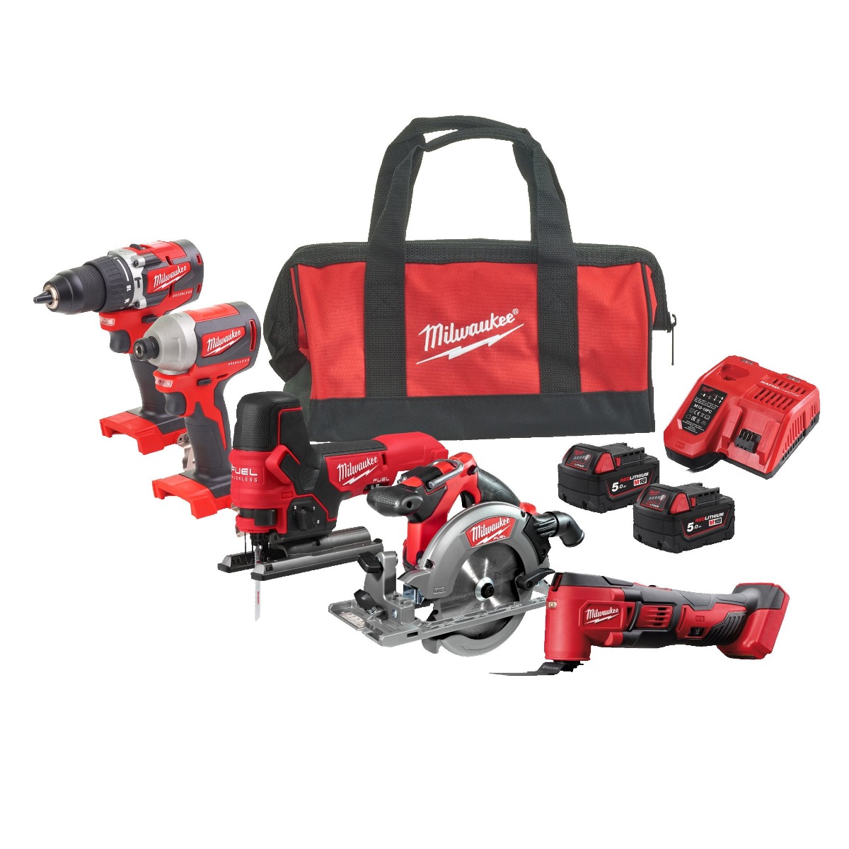 Milwaukee 4933471209 M18 FPP5FK-502B M18 FUEL™ Power Pack - 5 Maschinen 18V 5.0Ah Li-Ion in Tasche 4933471209