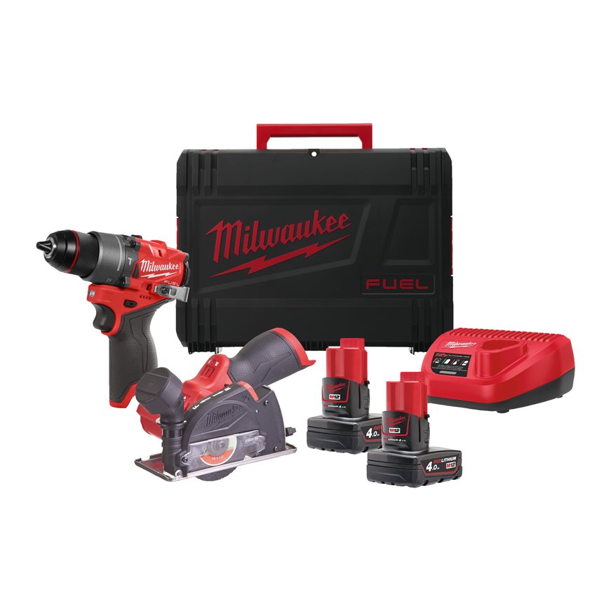 Milwaukee 4933480592 M12 FPP2G2-402X Powerpack M12 FPD2 Schlagbohrmaschine + M12 FCOT Grinder 12V 4.0Ah in HD Box