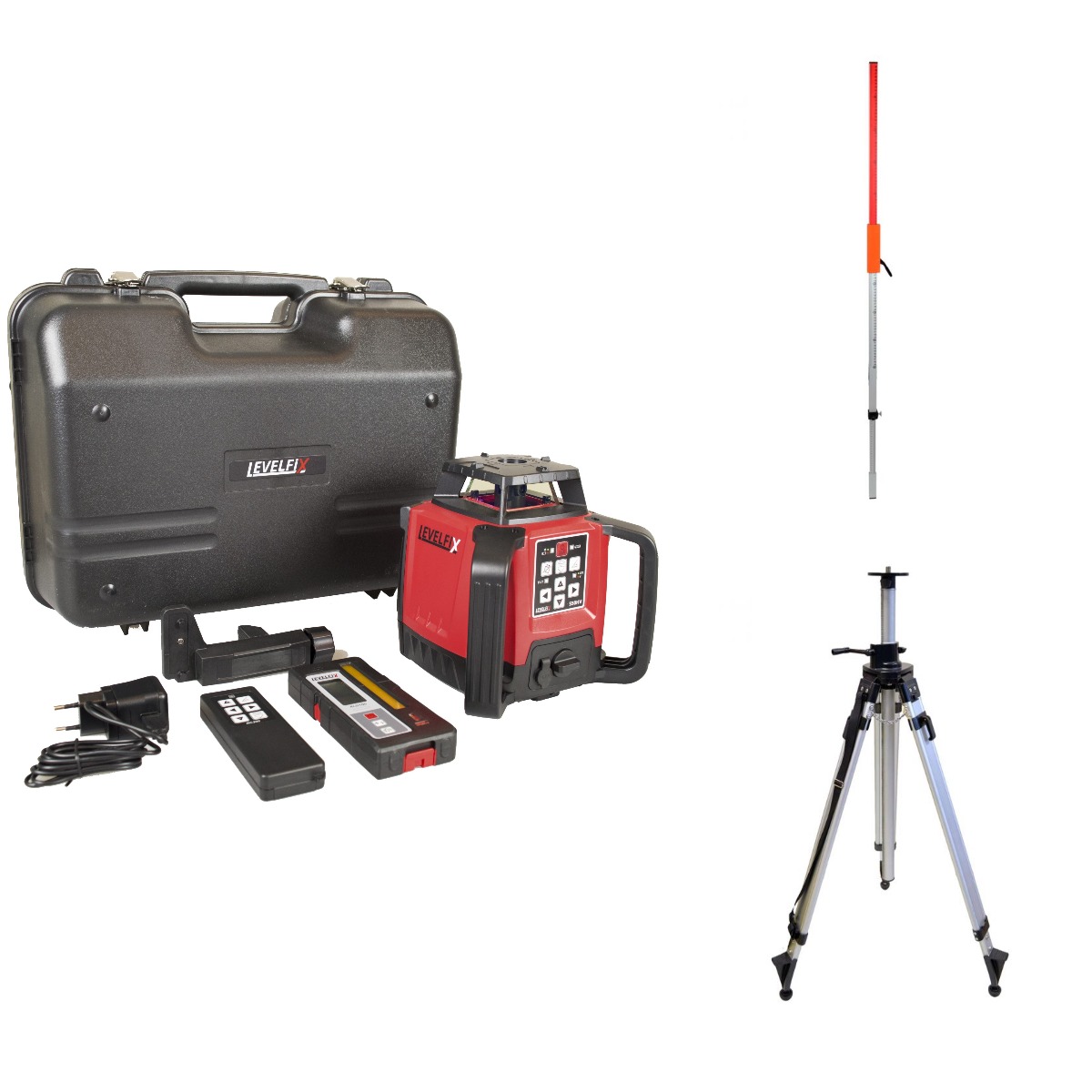 Levelfix 554521 550HV SET 2 Allround Baulaser Selbstnivellierend Rot + Messlatte + Stativ 2.70 m