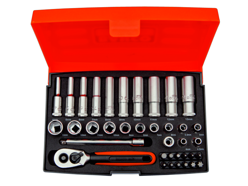 Bahco SL25L 1/4"-Steckschlüssel-Satz, metrisch, Sechskant inklusive Schraubendreher-Bits –37-teilig