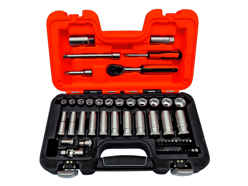 Bahco S330L 1/4"- und 3/8"-Steckschlüssel-Satz, metrisch, Sechskant, lange Ausführung, inklusive Knarre – 53-teilig