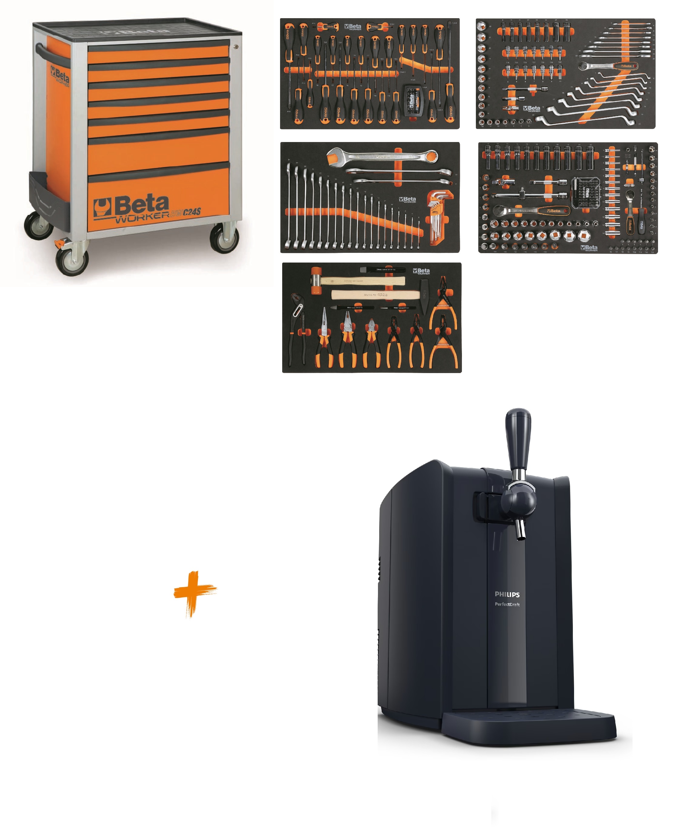 Beta ZNLWK0002 BW 2400S O7/E-M-WAGEN Werkzeugwagen gefüllt mit 309-teiligem Sortiment + gratis Philips Perfect Draft