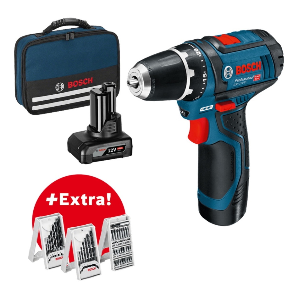 Bosch Blau 0615990G6L GSR 12V-15 Akku-Bohrmaschine 12V 2.0/4.0Ah Li-Ion + 39-teiliges Zubehörset in Tasche