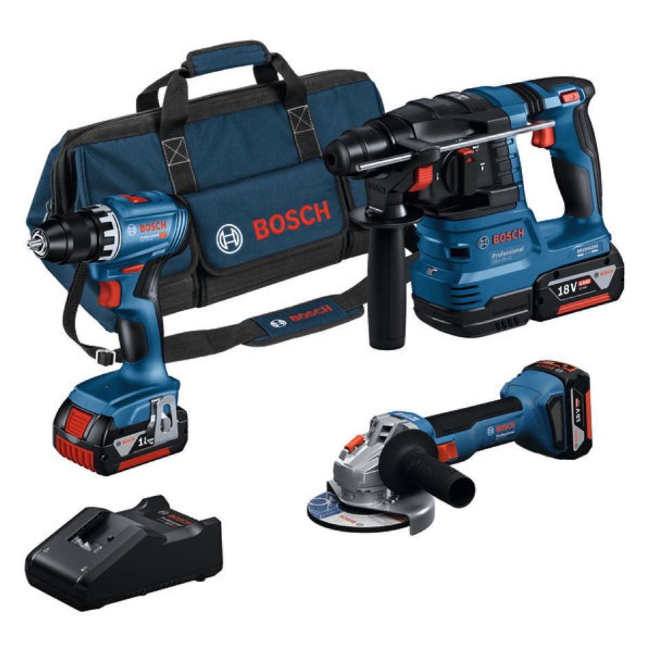Bosch Blau 0615A5007L Accutoolkit 3 18V 2 Maschinen Accu-Bohrhammer + Akkuschrauber 3x 4,0 Ah und Ladegerät GAL 18V-40 im Transportkoffer