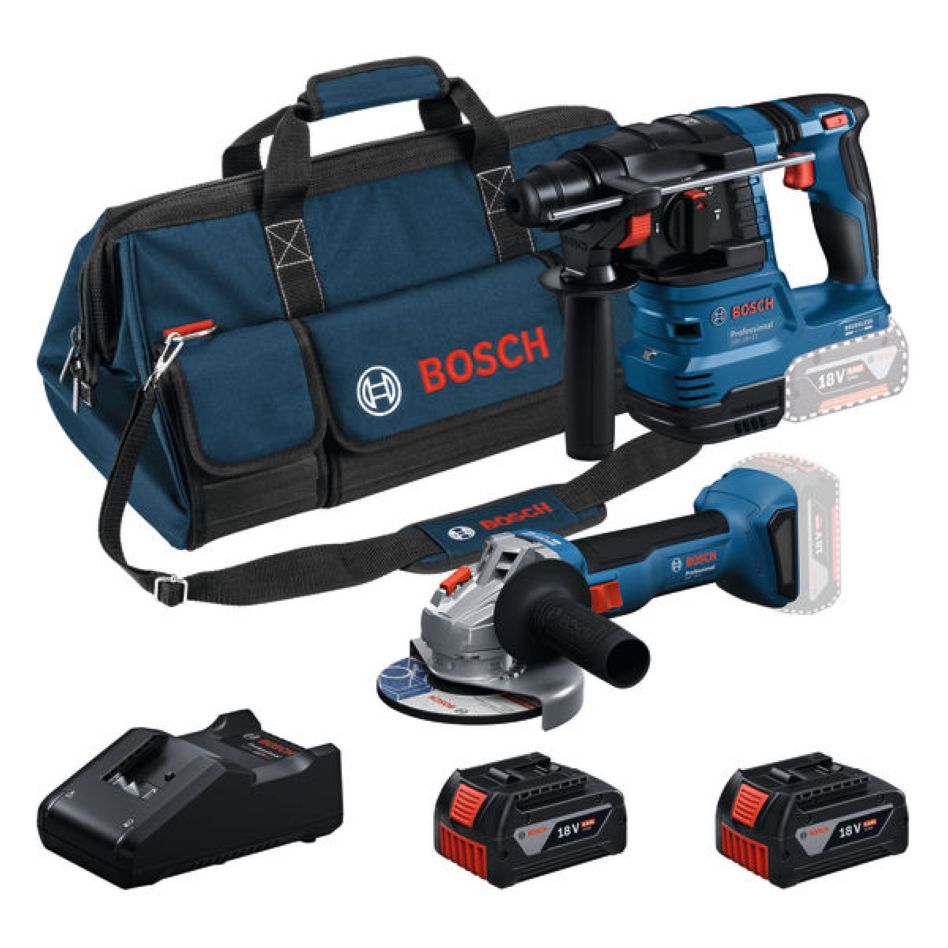 Bosch Blau 0615V0003C Combipack 18V GWS + GBH 2x 18V 4,0 Ah und Ladegerät GAL 18V-40 in Werkzeugtasche