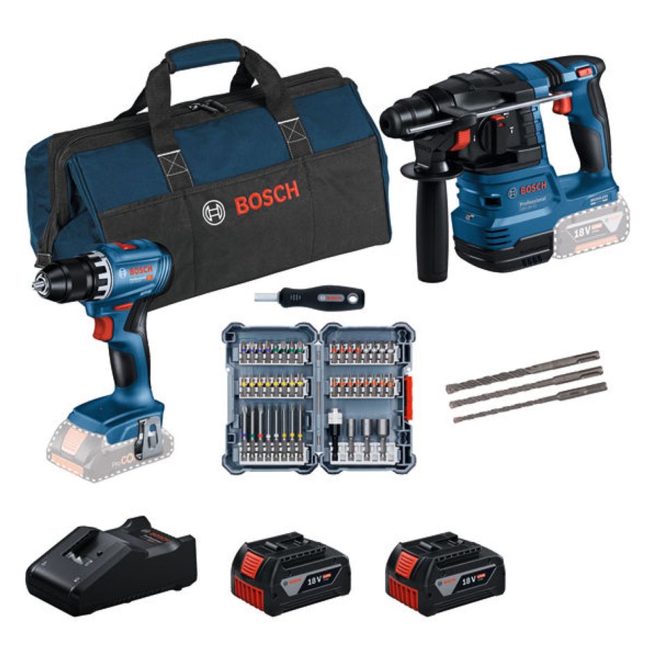 Bosch Blau 0615V0003D Accutoolkit Combipack 18V GSR + GBH 2x GBA 18V 2.0 Ah und Ladegerät GAL 18V-40, 44-teiliges Set mit Schraubendreher, 3-teiliges Bohrhammer-Set SDS-Plus-5, GSR 18V-45, GBH 18V-22