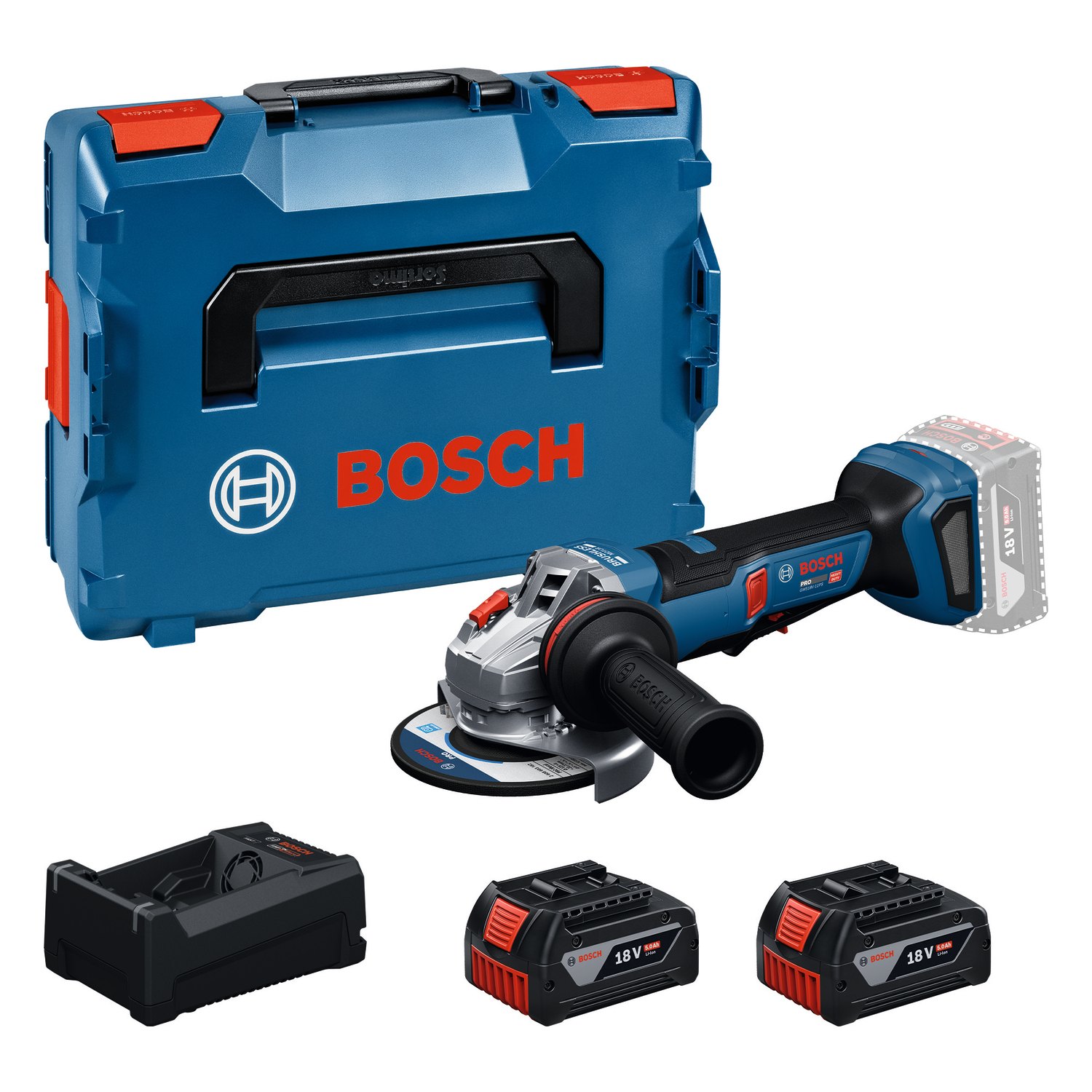 Bosch Blau 06019N4302 GWS18V-11PS Accu-Winkelschleifer 2x GBA 18V 5.0Ah und Ladeger&auml;t GAL 12V/18V-80 in L-Boxx