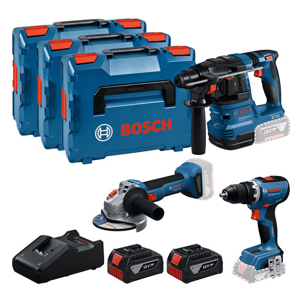 Bosch Blau 0615A5009G Werkzeugsatz 3 Maschinen GSR 18V-65 + GBH 18V-22 + GWS 18V-818V 2x 18V 5.0Ah und Ladegerät in L-BOXX