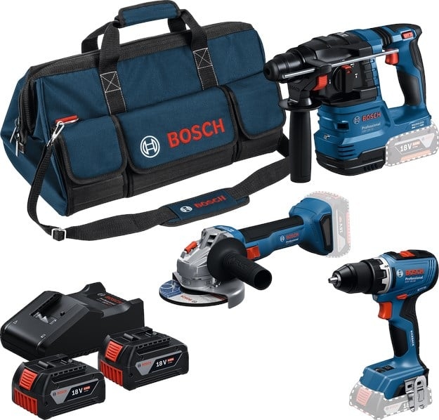 Bosch Blau 0615A500AH Akku-Werkzeugsatz 3er-Set 18V GSB 18V-65, GBH 18V-2, GWS 18V-11 3x 5.0Ah Akku und Ladegerät GAL 12V/18V-80 in Werkzeugtasche