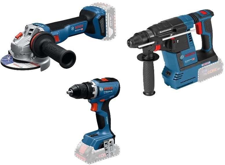 Bosch Blau 0615A500AJ Akku-Werkzeugsatz 3-Toolkit 18V GSR 18V-65, GBH 18V-26, GWS 18V-11 1x 5,0Ah Akku und 1x EXBA 18V 5,5Ah Akku und Ladegerät GAL 12V/18V-80 in Werkzeugtasche