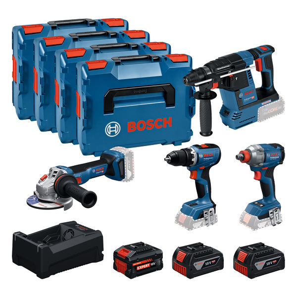 Bosch Blau 0615A500BJ Akku-Werkzeugsatz 4-Toolkit 18V GSR 18V-65, GDX 18V-285, GBH 18V-26, GWS 18V-11 2x GBA 5.0Ah Akkus und 1x EXBA 5.5Ah Akku und Ladegerät GAL 12V/18V-80 in L-Boxx