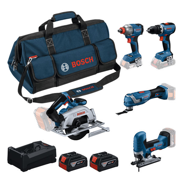Bosch Blau 0615A500BV Akku-Werkzeugsatz 5-Toolkit 18V GSR 18V-65, GDX 18V-285, GKS 18V-57-2, GOP 18V-34, GST 18V-125 S 2x GBA 5.0Ah Akkus und Ladegerät GAL 12V-18V-80 in Werkzeugtasche