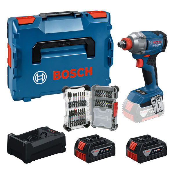 Bosch Blau 0615A500DY GDX18V-285 Akkuschrauber/ Schlagschrauber 2x 18V 5.0Ah Akku und Ladeger&auml;t GAL12V/18V-80 + 31-teiliges Bit-Set in L-BOXX