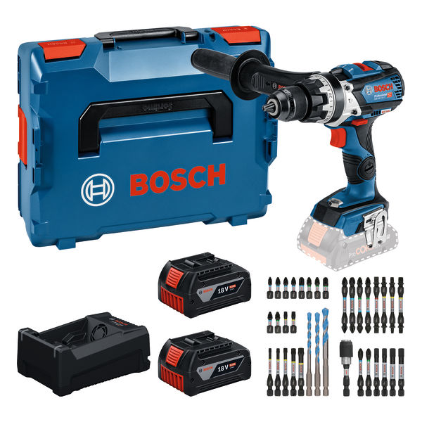 Bosch Blau 0615A500E0 GSB 18V-110 C Akkuschrauber 2x 18V 5.0Ah Akku und Ladeger&auml;t GAL12V/18V-80 + 35-teiliges Bit-Set in L-BOXX