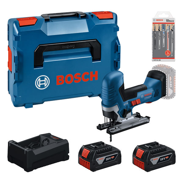 Bosch Blau 0615A500E5 GST 18V-125 S Stichs&auml;ge 2x 18V 5.0Ah Akku und Ladeger&auml;t GAL12V/18V-80 + Stichs&auml;geblattsatz 15-teilig in L-BOXX