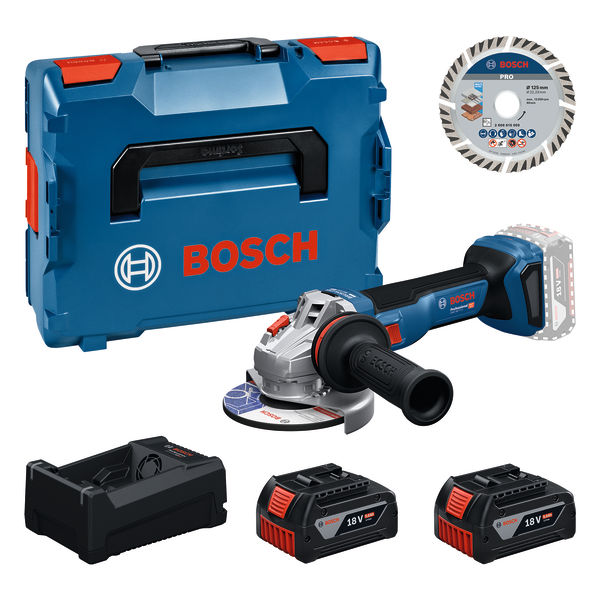 Bosch Blau 0615A500E6 GWS18V-11S Accu-Winkelschleifer 2x 18V 5.0Ah Akku und Ladeger&auml;t GAL12V/18V-80 + Diamantscheibe in L-BOXX