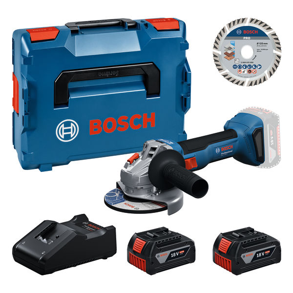 Bosch Blau 0615A500E7 GWS18V-8 Accu-Winkelschleifer 2x 18V 4.0Ah Akku und Ladeger&auml;t GAL18V-40 + Diamantscheibe in L-BOXX