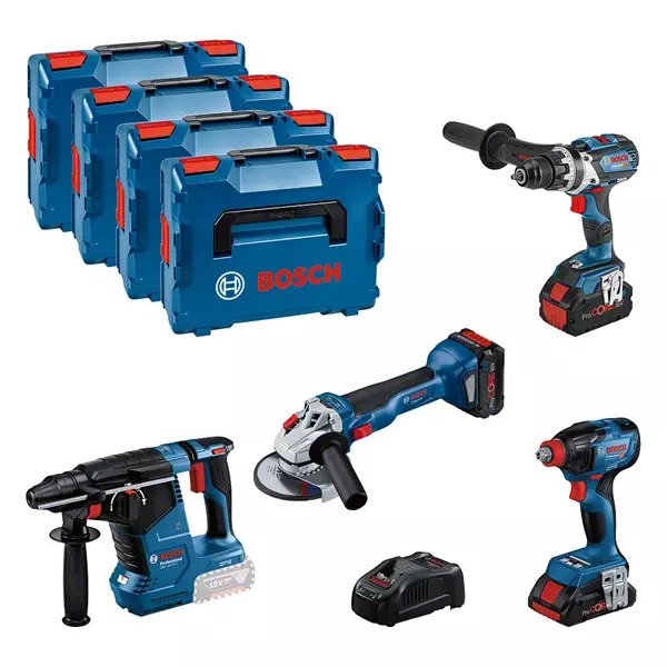 Bosch Blau 0615990N32 Combiset 18V 4 Maschinen 1x 4.0Ah 2x 5.5 Ah und Ladegerät in L-BOXX