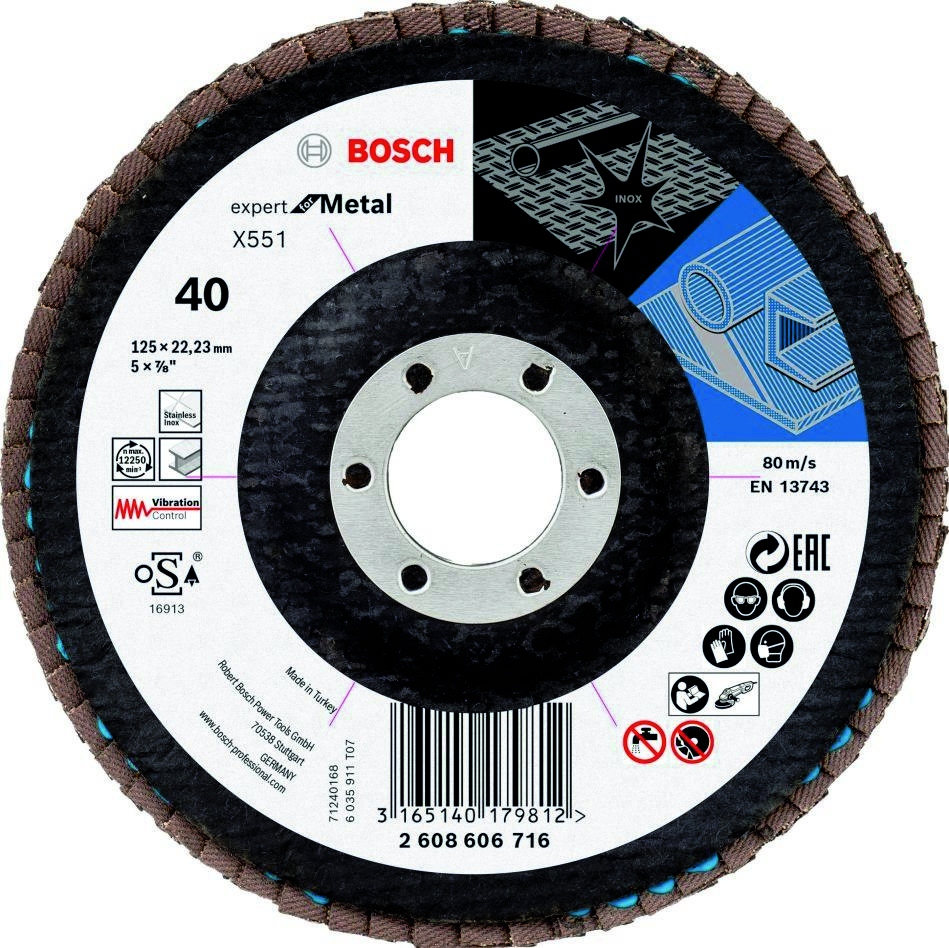 Bosch Blau Zubehör 2608606716 Fächerschleifscheibe X551, Expert for Metal D = 125 mm; K = 40, gewinkelt
