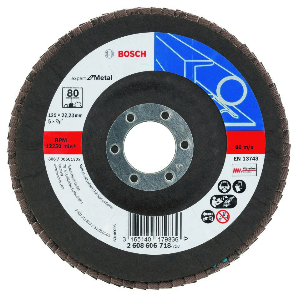 Bosch Blau Zubehör 2608606718 Fächerschleifscheibe X551, Expert for Metal D = 125 mm; K = 80, gewinkelt