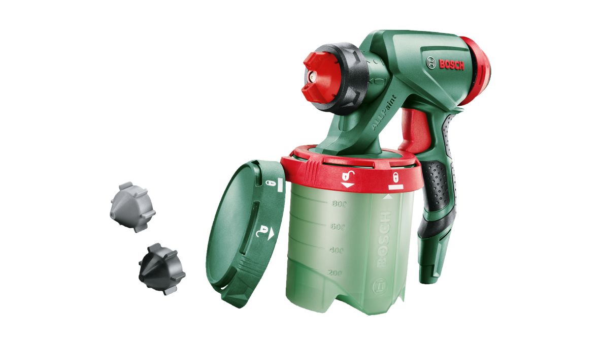 Bosch Grün 1600A008W8 PFS AC PSF Spritzpistole Pistolengriff, Behälter, Deckel, drei feine Spritzdüsen
