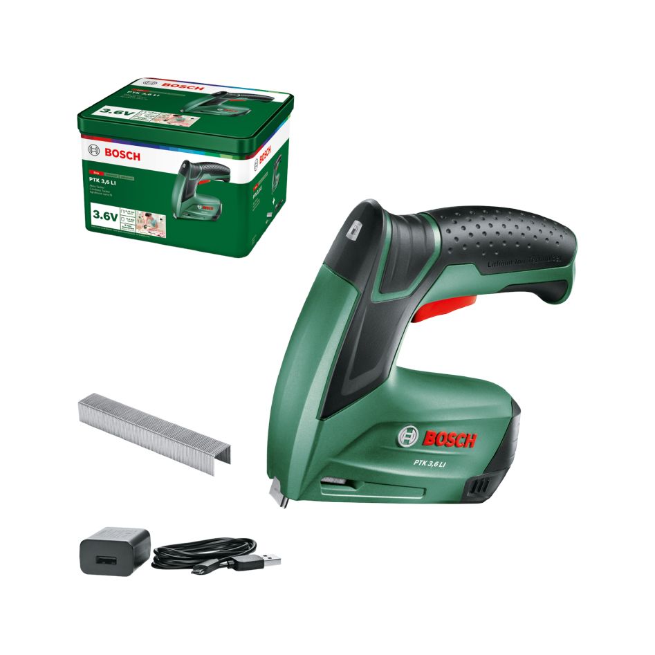 Bosch Grün 0603968200 PTK 3.6 LI Akku-Tacker-Set 3.6V 1.5 Ah und Micro-USB Kabel und Ladegerät im Karton