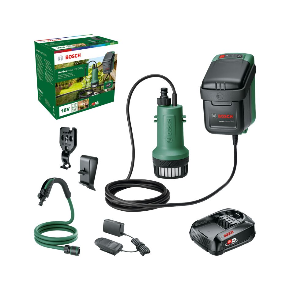 Bosch Grün 06008C4202 GardenPump 18V-2000 Accuregenton Pumpe 1x 18V 2.5 Ah Akku und Ladegerät