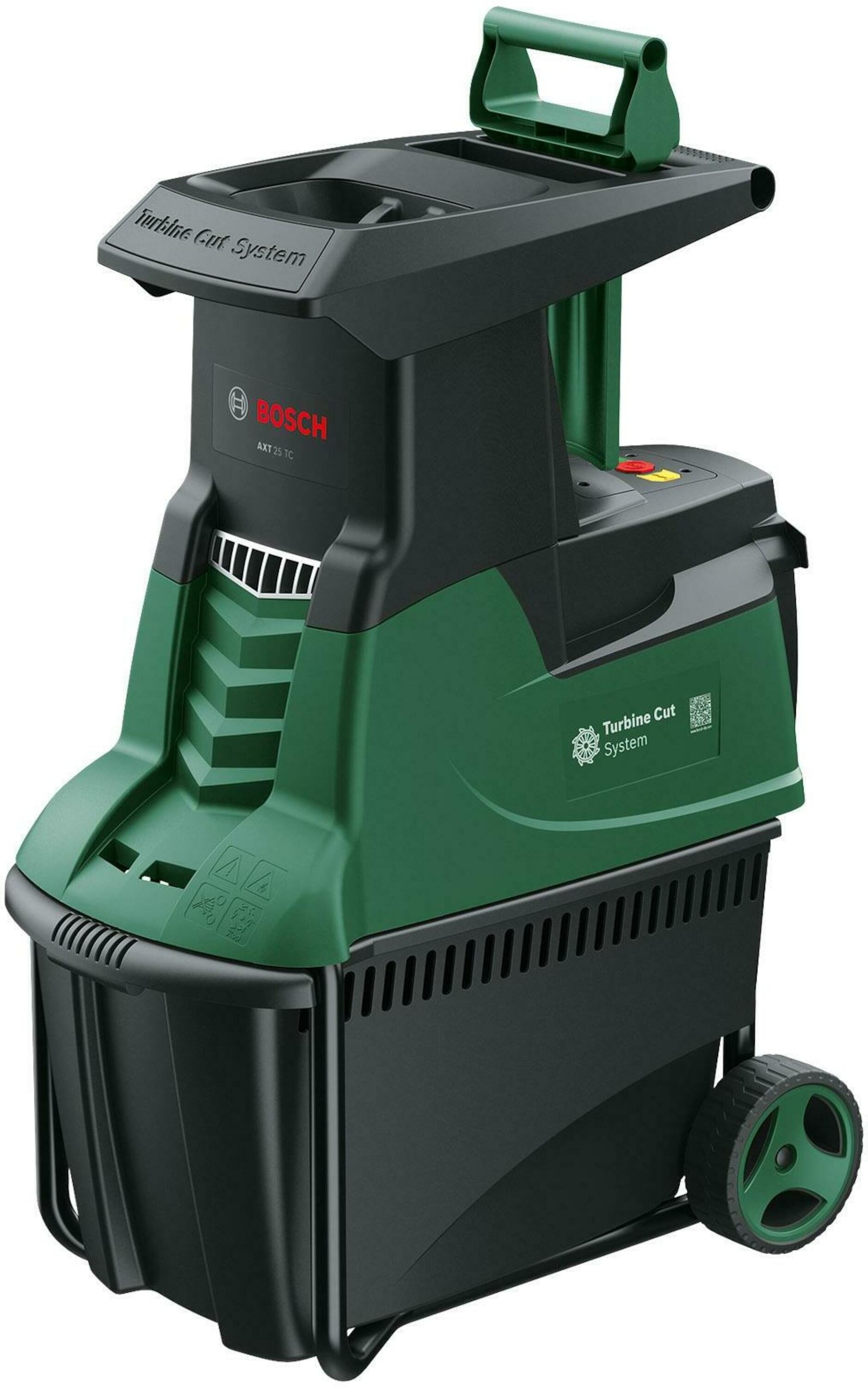 Bosch Grün 0600803103 Flüsterhäcksler AXT 25 D (Grasfangkorb (53 l), praktischer Schiebestock)