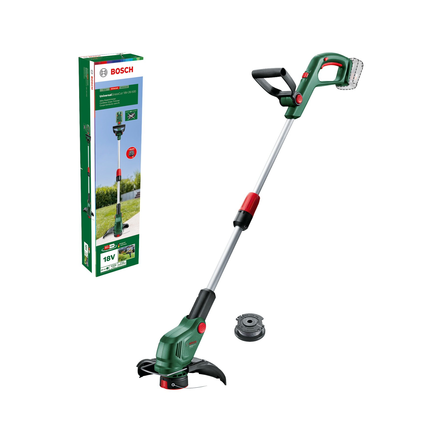 Bosch Grün 06008C1F04 UniversalGrassCut 18V-26-500 Akku-Trimmerset exkl. Akkus und Ladegerät im Karton