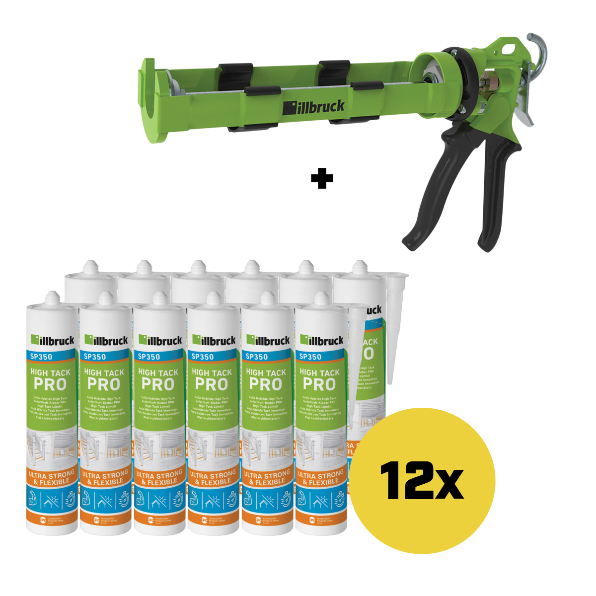 illbruck SP350SETWIT SP350 SET - 12 x SP350 Soforthaft-Kleber Plus Weiß + AA873 Handdruckspritze