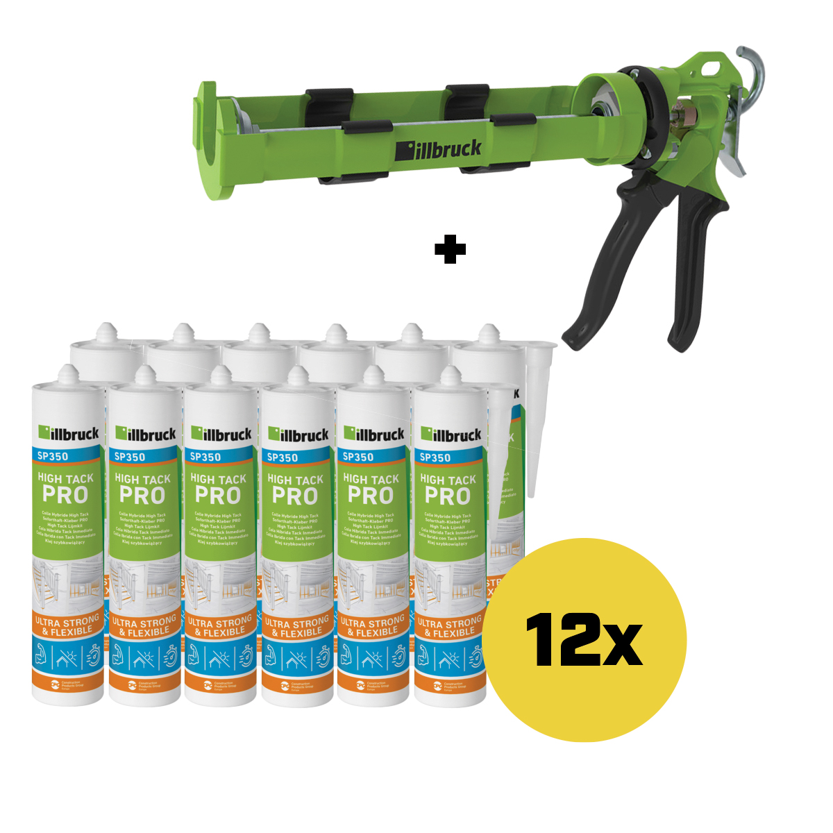 illbruck SP350SETZWART SP350 SET - 12 x SP350 Soforthaft-Kleber Plus Schwarz + AA873 Handdruckspritze