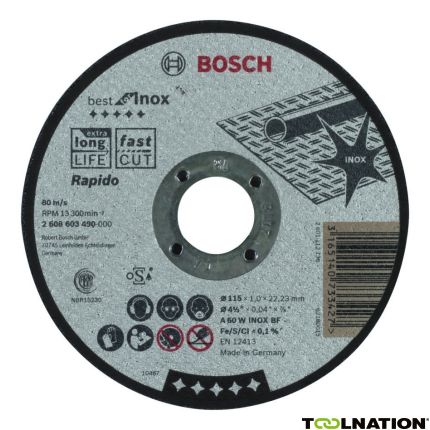 Bosch Blau Zubehör 2608603490 Trennscheibe gerade Best for Inox - Rapido A 60 W INOX BF, 115 mm, 1,0 mm - 1