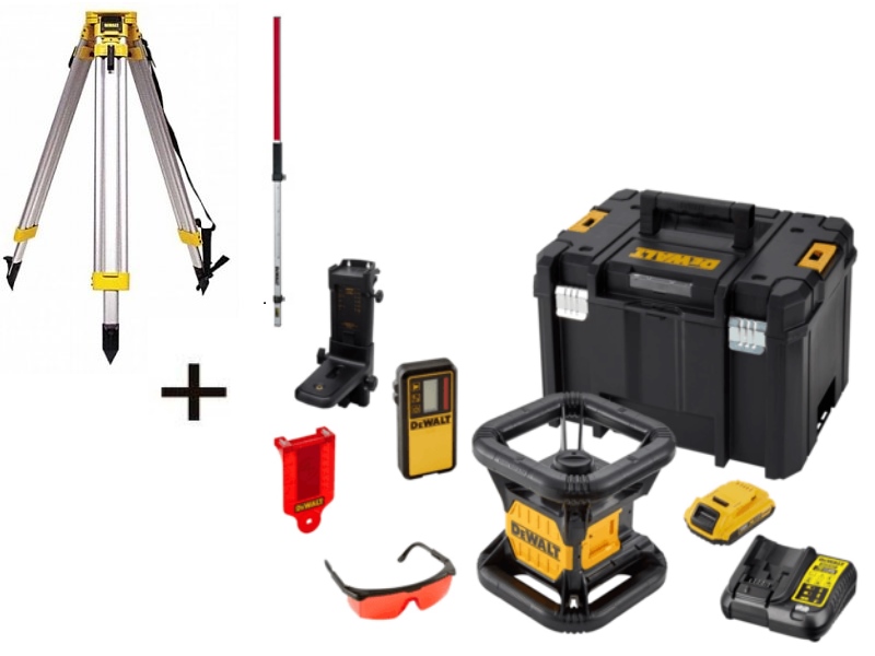 DeWalt DCE074D1R-SET 18V 2.0Ah Li-Ion Vollautomatischer roter Rotationslaser (Innenbereich) + DE0737 Messstab + DE0736 Alu-Stativ 5/8"