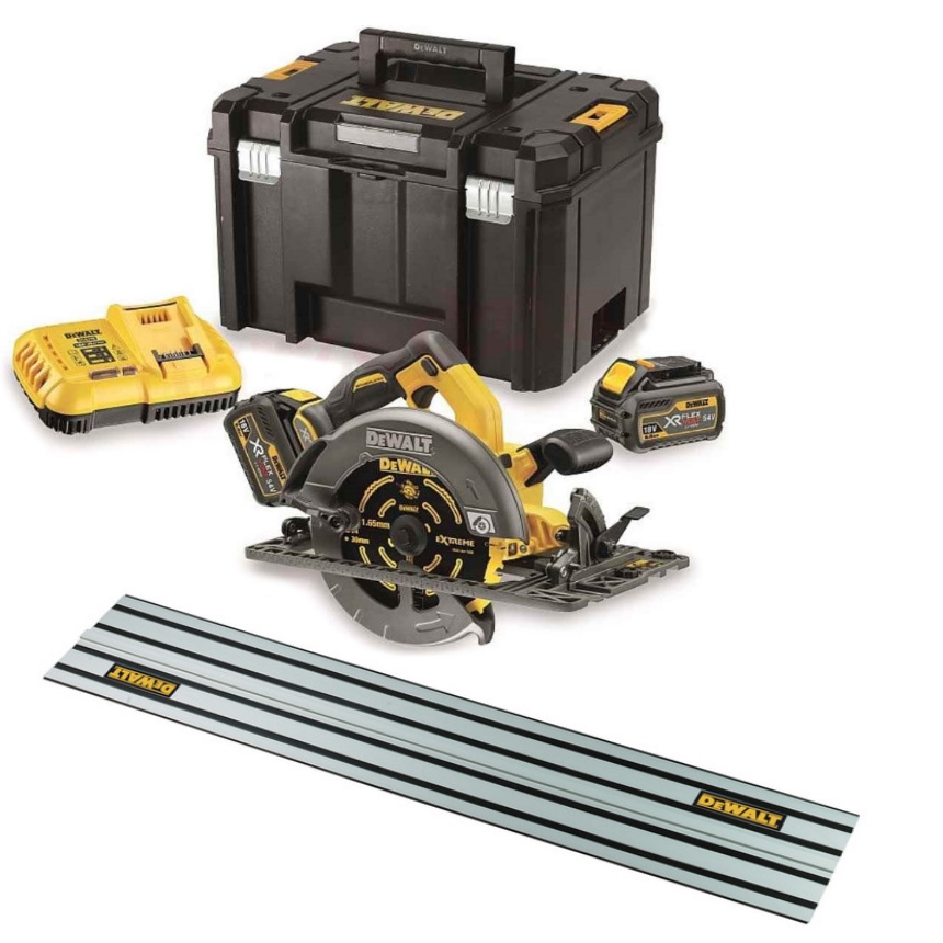 DeWalt DCS579X2-QW-DWS5022-XJ DCS579X2-QW XR FlexVolt 54 Volt 9,0 Ah Li-Ionen Akku Kreissäge 190 mm + Führungsschiene 1500 mm