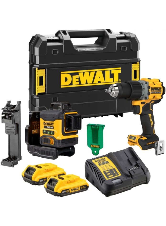 DeWALT DCK2095D2T-QW Dealset 18 Volt 2.0 AH Li-ion - DCLE34031 growbe Laser + DCD791 Akkubohrer