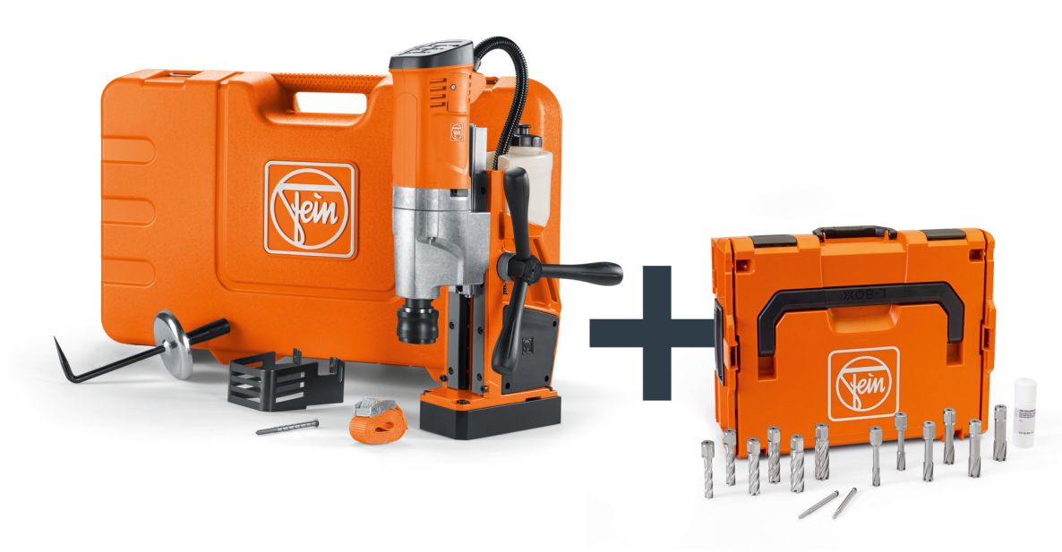 Fein 72705463000 KBU 35 QW Baustahl-Set 3/4 in Weldon Universal-Magnetkernbohrer bis 35 mm mit Anwenderset im Koffer + L-BOXX Koffer