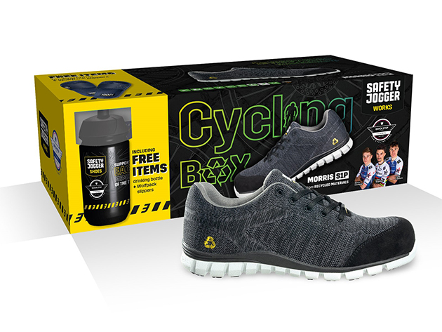 Safety Jogger CBMORRIS Fahrradbox mit Morris S1P Sicherheitsschuh, Hausschuhen und Trinkflasche