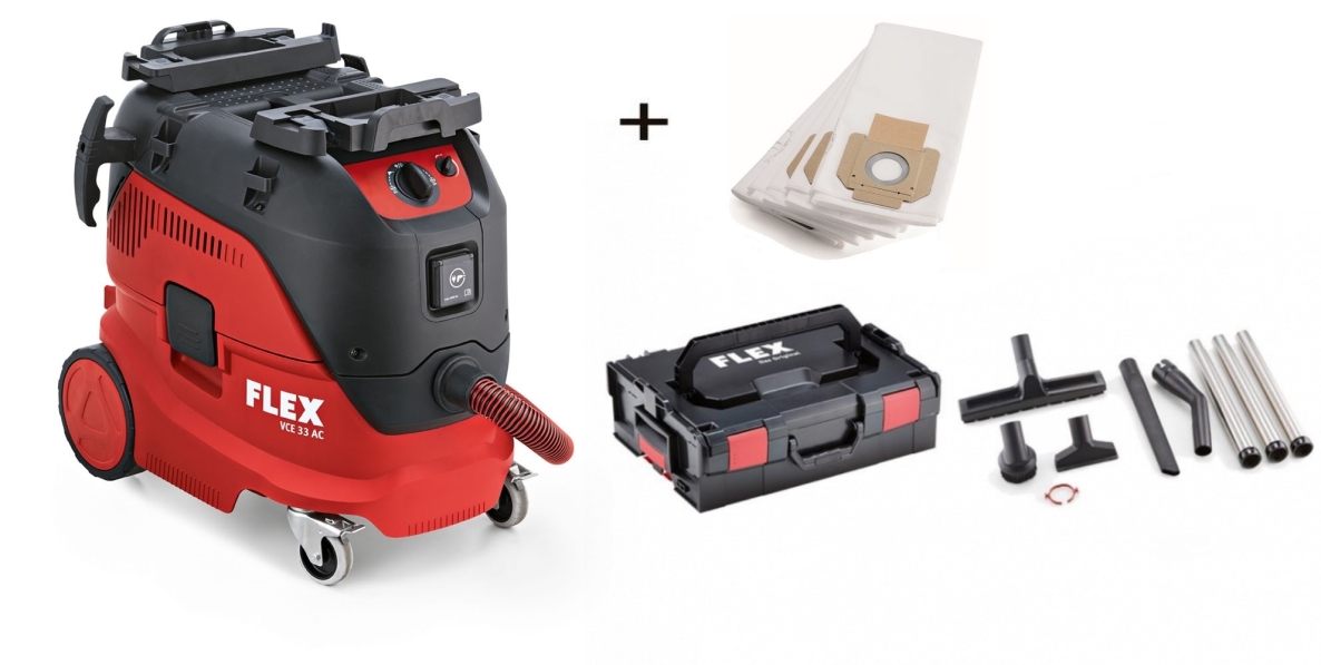 Flex-tools 471186 VCE 33 L AC Sicherheitssauger mit automatischer Filterabreinigung 30 l Klasse L + Reinignungsset in L-Boxx + 5 Filtersäcke