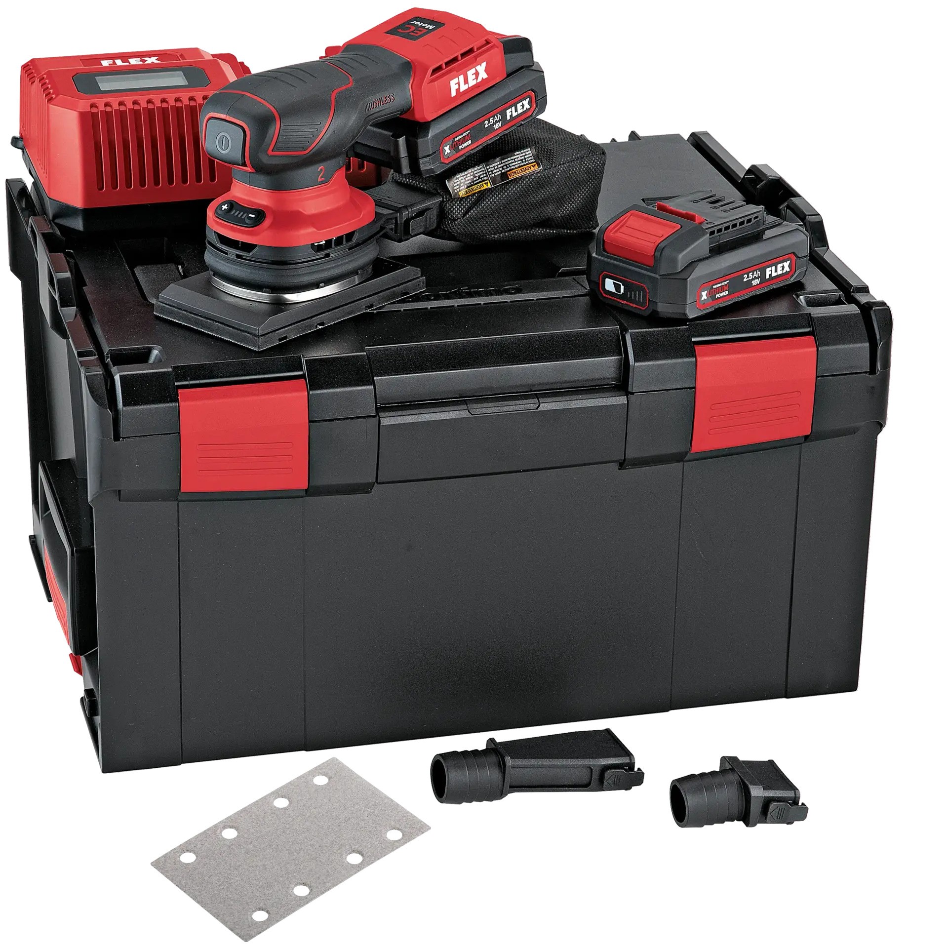 Flex-tools 534499 OSE 2-80 18-EC/2.5 SET Exzenterschleifer 80x130 mit Drehzahlregelung 18V 2.5Ah Li-Ion in L-Boxx + 100 Blatt Schleifpapier