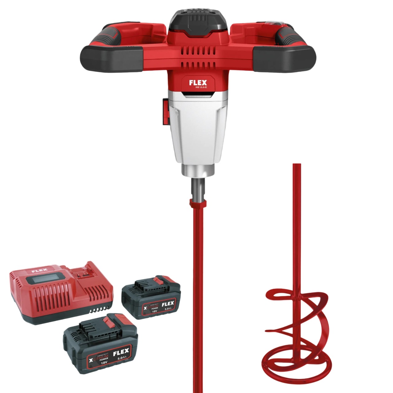 Flex-tools 535138 MXE 18.0-EC/5.0 Set & HP2 120 Akkumixer 18V inkl. 5.0 Ah, Ladegerät und Spiralmixer im Karton