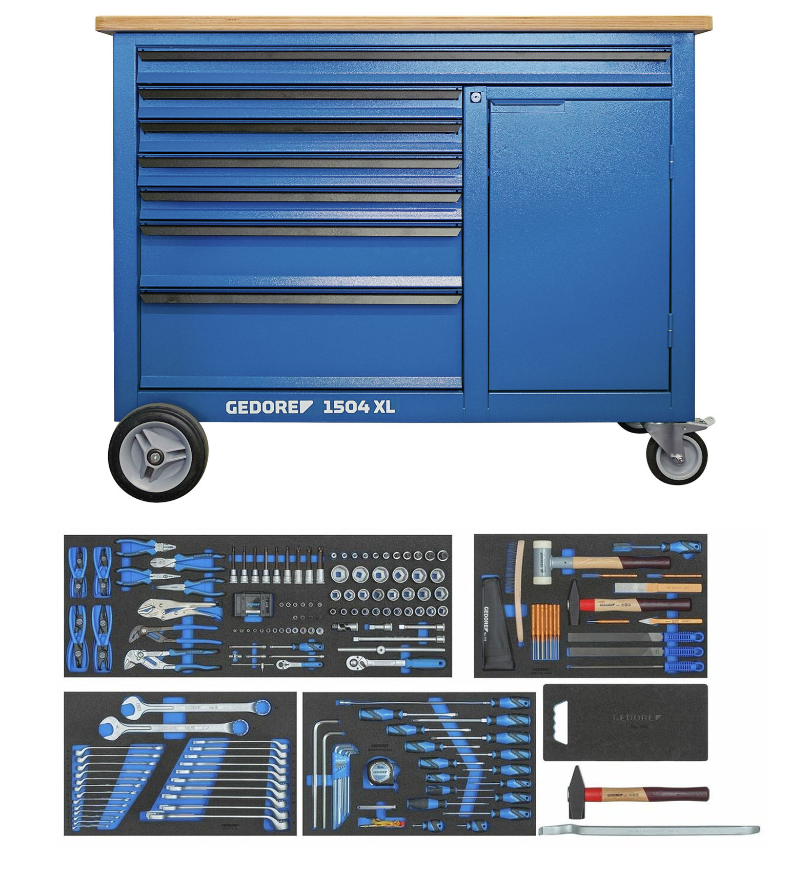 Gedore 3434826 1504 XL-S-198 Mobile Werkbank 198-teilig mit 7 Schubladen