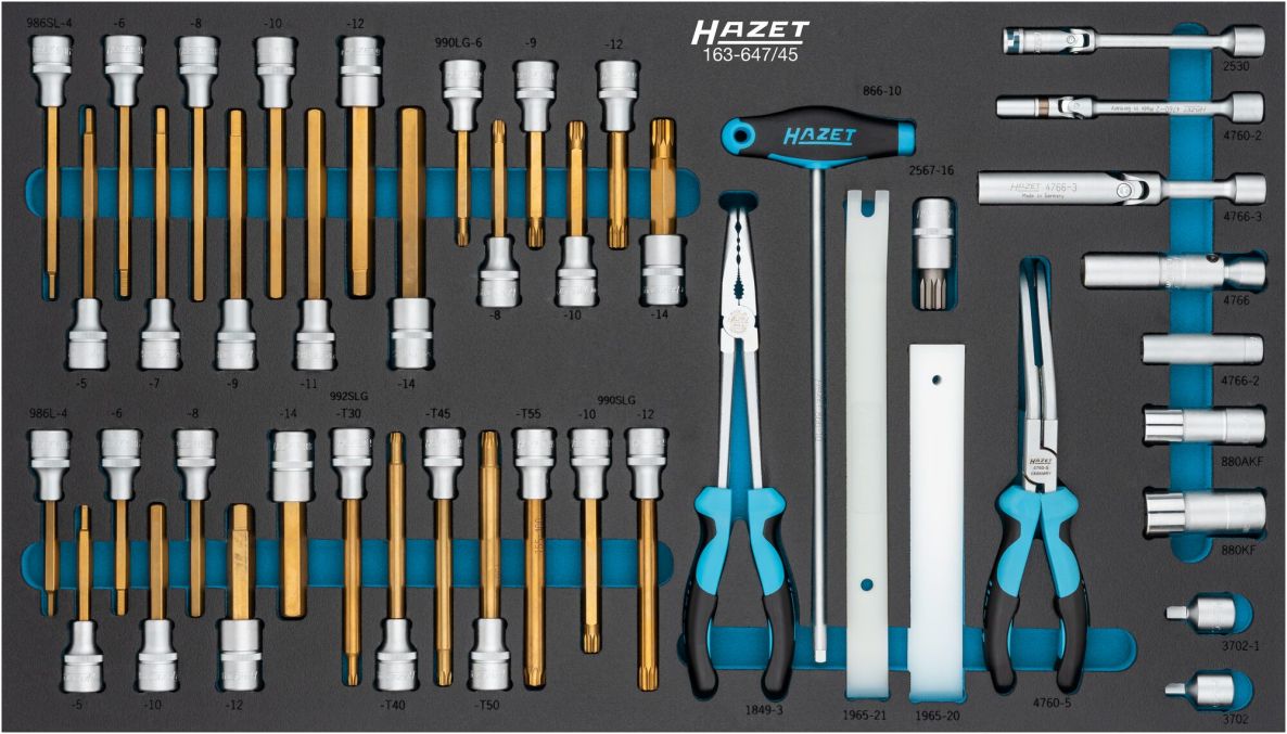 Hazet 163-647/45 45-teiliges Werkzeugset: 3/8" Vierkant-Hohlschl&uuml;ssel, 1/2" Vierkant-Hohlschl&uuml;ssel, Au&szlig;ensechskant, Innensechskant, XZN, Innen-Torx-Profile