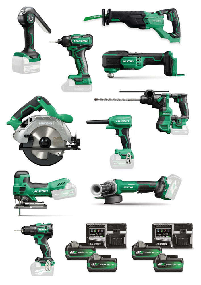 HiKOKI KC18H10A-MVA4 Accu Comboset 10 Maschinen 4x 18V 5.0Ah Akkus und 2x UC18YSL3 Ladeger&auml;t in 3x HSCII, 1x HSCIII + 2x HSCIV Koffer