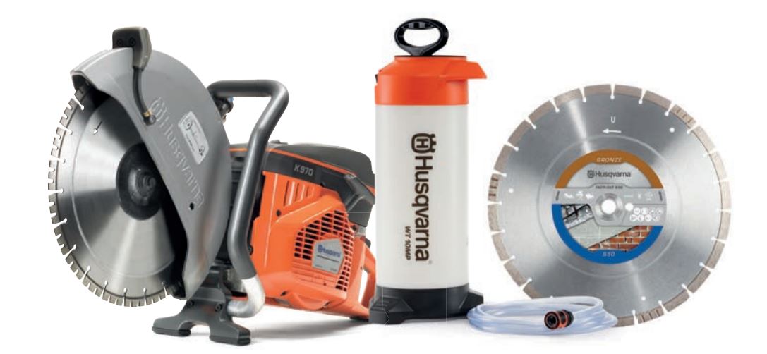 Husqvarna PowercutterK970350mmset K970 Motorfräse 350 mm + Wassertank + Diamanttrennscheibe Tacti-Cut S50 Plus
