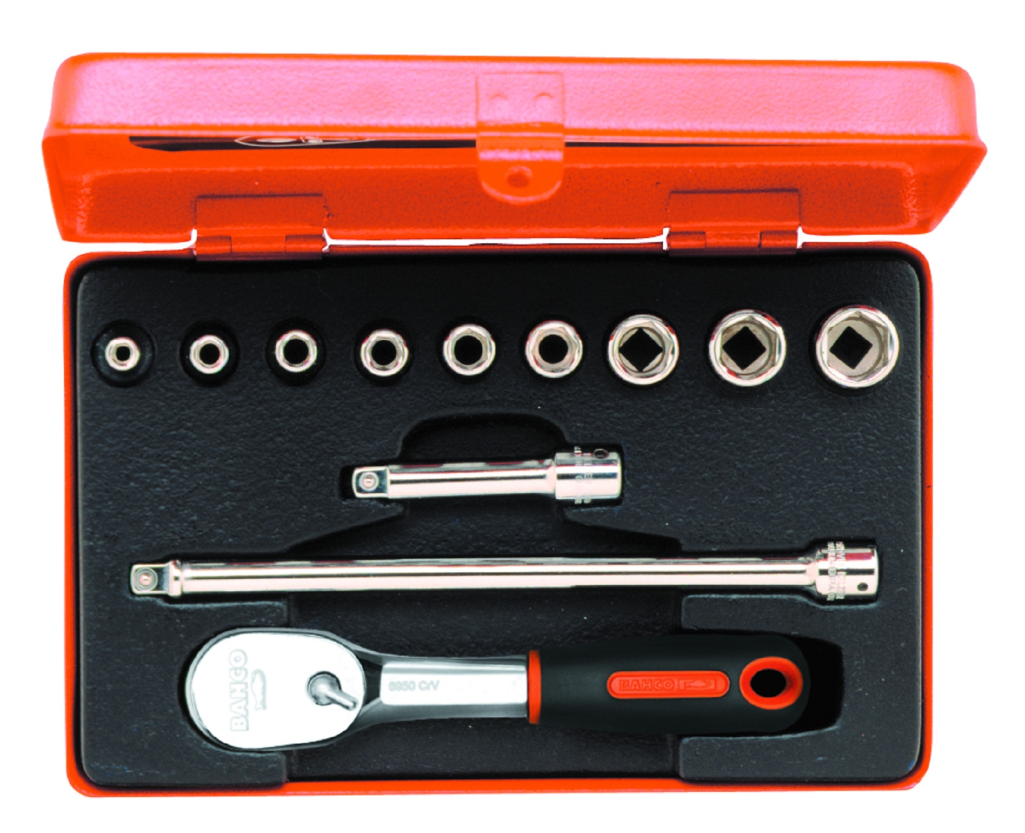 Bahco 6712R 1/4" Steckschlüssel-Satz, metrisch, Sechskantprofil, inklusive birnenförmiger Umschaltknarre - 12-teilig