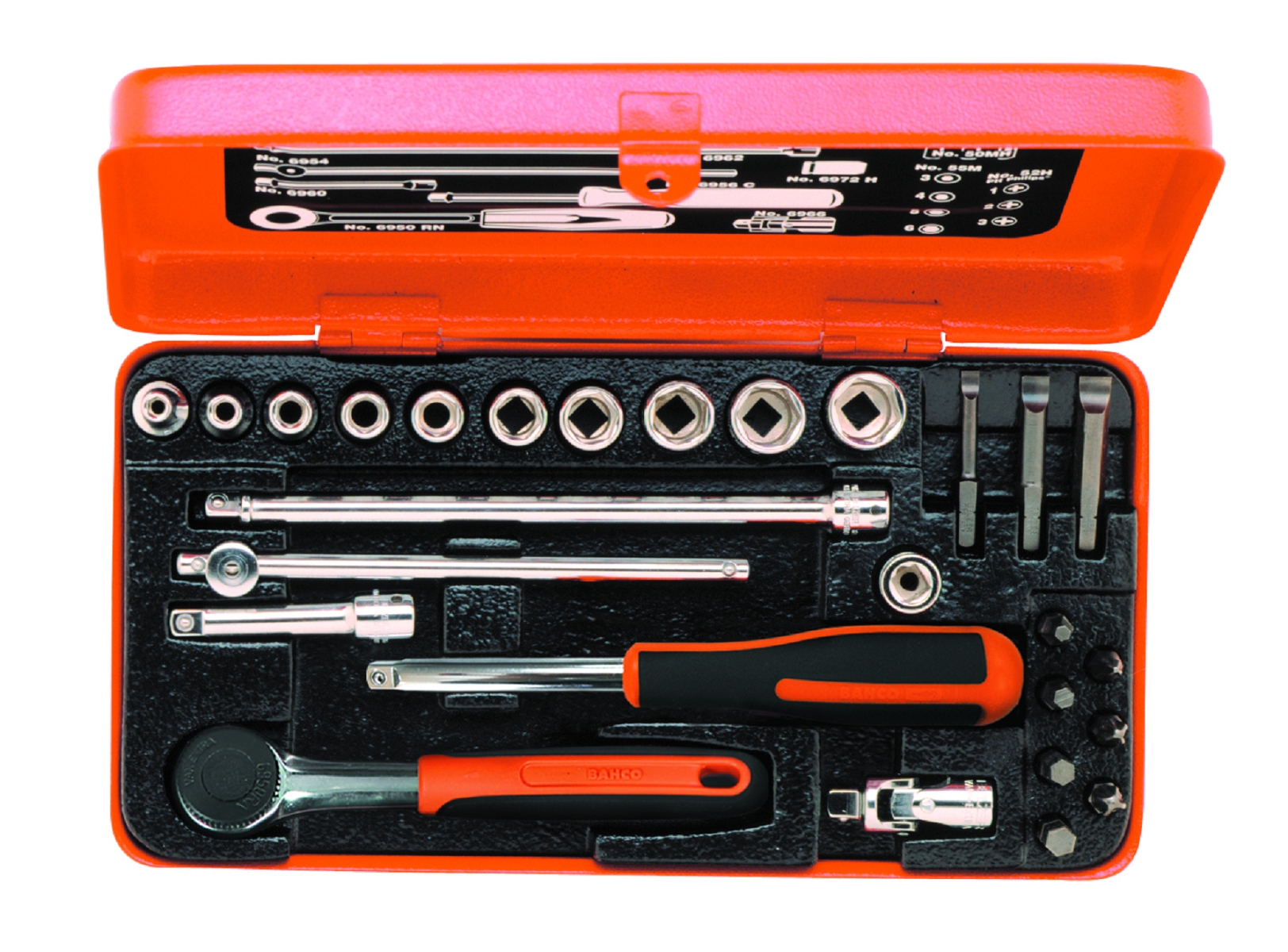 Bahco 6715GE 1/4" Steckschlüssel-Satz, metrisch, Sechskantprofil, inklusive Umschaltknarre mit rundem Kopf/Steckgriff - 27-teilig