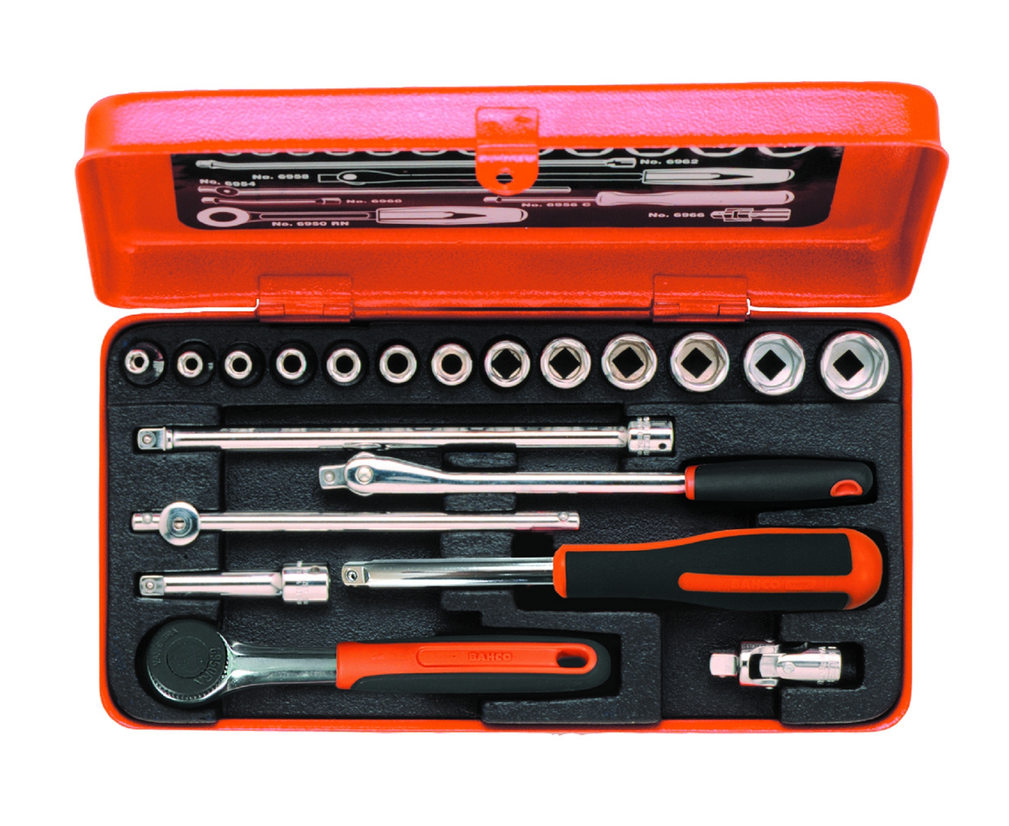 Bahco 6715MG 1/4" Steckschlüssel-Satz, metrisch, Sechskantprofil, inklusive Umschaltknarre mit rundem Kopf/Gelenkgriff - 20-teilig