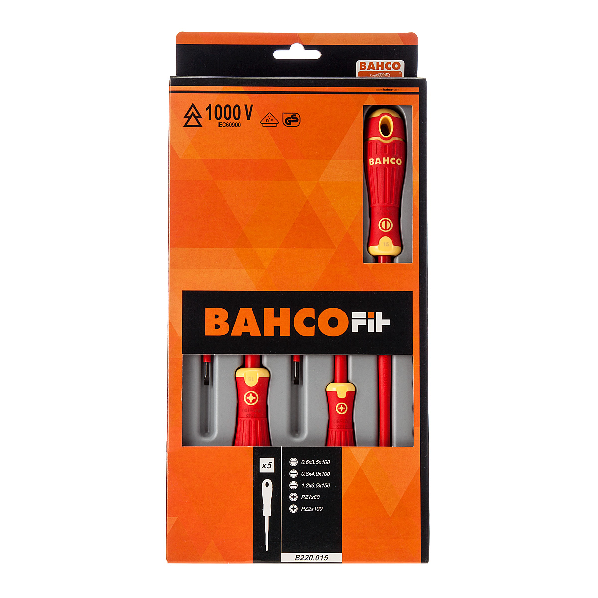 Bahco B220.015 Isolierter BahcoFit Schraubendreher-Satz für Schlitz- und Pozidriv-Schrauben mit 2-Komponenten-Griff, VDE-zertifiziert - 5-teilig
