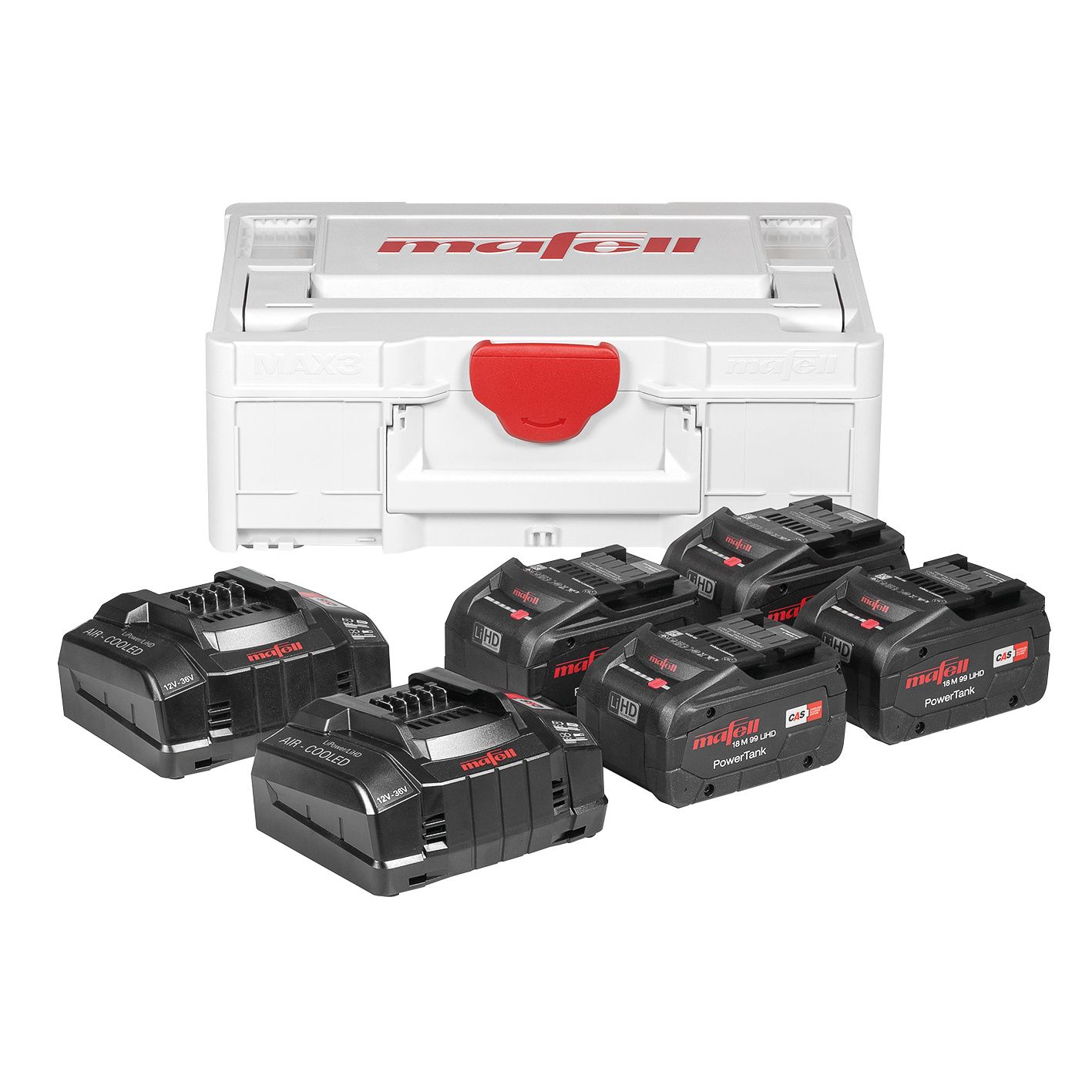 Mafell Zubeh&ouml;r 209633 Power-Set 5 &ndash; 4 x 18 M 99 LiHD-Akku 18 V, 5,5 Ah + 2 x APS M+ Schnellladeger&auml;t im Max3-Koffer